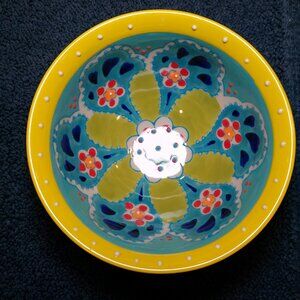 Yokohama Studio Bowl 6" Teal Green Flowers Yellow Rim Raised Dots Set Of 2